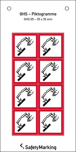 SafetyMarking GHS-Gefahrenpiktogramm, Symbol 05: Ätzwirkung, BxH 3,5x3,5 cm, Folie, selbstklebend, VE: 8 Stück/Bogen, 30.3552-05