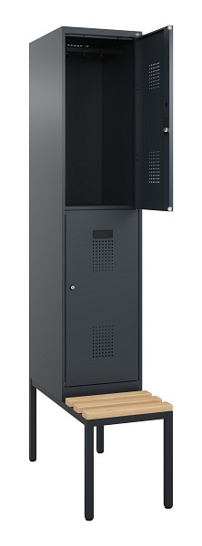 C+P Doppelstock-Spind Evolo PLUS, Bank, 2 Fächer, 2120x400x815mm, 7016/7016, Zylinderschloss, Sitzfläche Buche-Hartholz, Sitzbank, 0493507-12 S10043