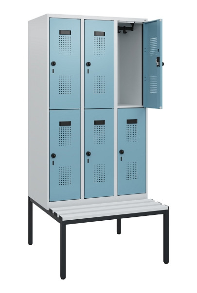 C+P Doppelstöckiger Spind Evolo PLUS, Bank, 6 Fächer, 1950x900x815mm, 7035/0010, Drehriegel, Sitzfläche Kunststoff, Sitzbank, 0493505-30 S10099