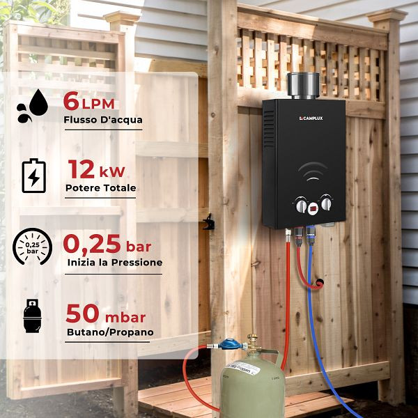 CAMPLUX 6L Tankless Gasdurchlauferhitzer Schwarz 50mbar, BW158BC-DE