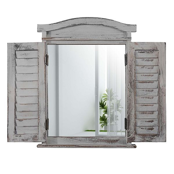 Mendler Wandspiegel Spiegelfenster mit Fensterläden 53x42x5cm, grau shabby, 33042