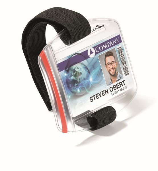 DURABLE Ausweishalter OUTDOOR SECURE mit verstellbarer Armschlaufe, Ausweishülle transparent/Band schwarz, VE: 10 Stück, 841419