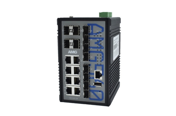 AMG Systems Industrieller managed Switch, 8 x 1GBT, 8 x 100F/1GFX, 4 x 1/2,5/10GFX SFP Slots, AMG560-8G-8S-4XS