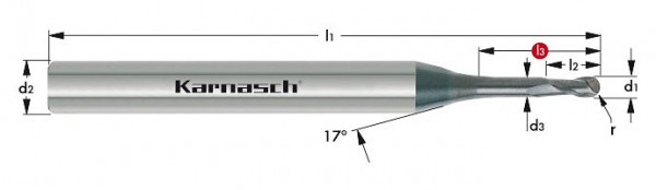 Karnasch VHM-Micro-3D-Radiusfräser d= 1,0 / r= 0,50 / l3= 14 / d2= 3 / Z= 2 DCC 0318 - Zirkonoxyd - Graphit, 30655201001403
