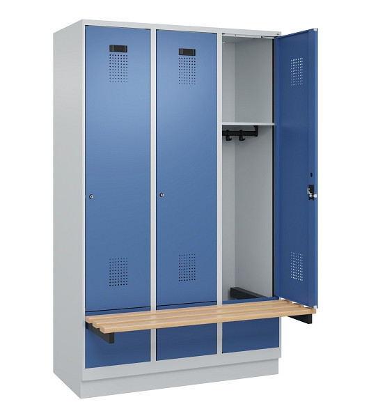 C+P Spind Evolo PLUS, 3 Abteile, 1950x1200x815mm, 7035/5023, Zylinderschloss, Sitzfläche Holz, mit Sockel, 049040-32 S10035