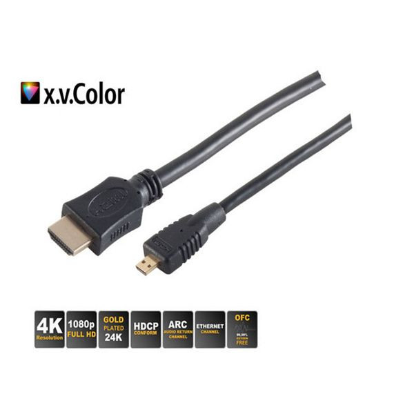 S-Conn HDMI A-Stecker auf HDMI D-Stecker (micro), vergoldete Kontakte, ULTRA HD, 3D, HEAC, 2,0m, 77472-3