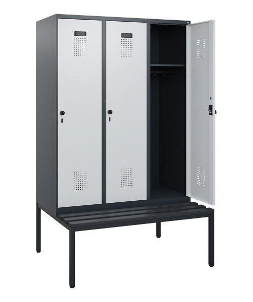 C+P Spind Evolo PLUS, 3 Abteile, 1950x1200x815mm, 7016/7035, Drehriegel, Sitzfläche Kunststoff, Sitzbank, 0490505-32 S10071