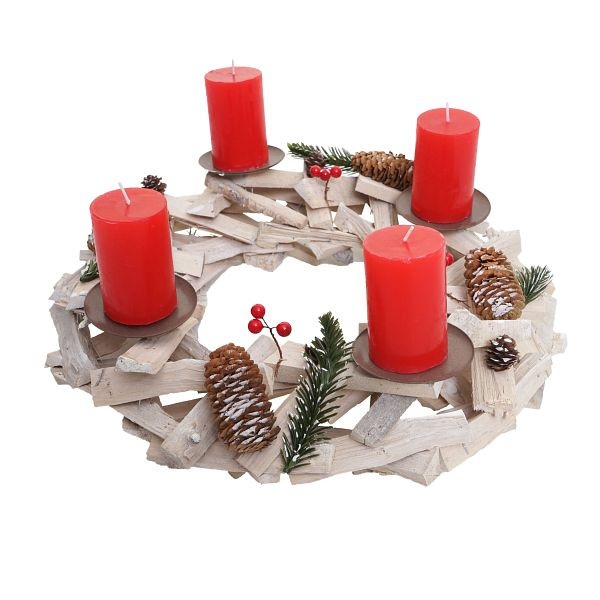 Mendler Adventskranz rund, Weihnachtsdeko Tischkranz, Holz Ø 40cm weiß-grau, mit Kerzen, rot, 56580