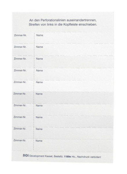 BOI Namensstreifen weiß, Format: 99mm lang, 12 mm hoch, Zimmer-Nr. + Name, 1 Satz = 10 Stück, VE: 50 Stück, HO 1189-E