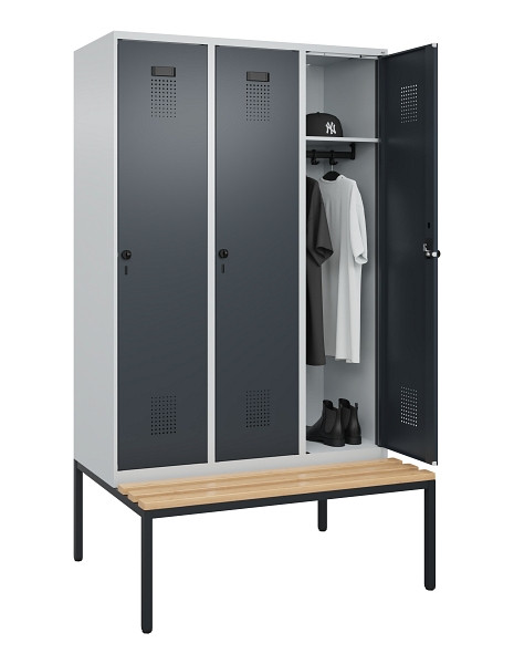 C+P Spind Evolo PLUS, 3 Abteile, 2120x1200x815mm, 7035/7016, Haken 4, Drehriegel, Sitzfläche Buche-Hartholz, Sitzbank, 0490507-32 S10012