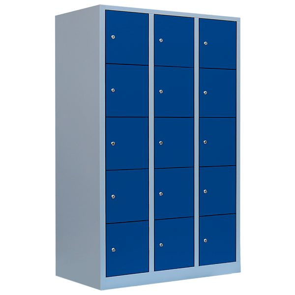 Lüllmann Schließfachschrank, 3 Abteile, 15 Fächer, 1800 x 1185 x 500 mm, lichtgrau/enzianblau, 523531