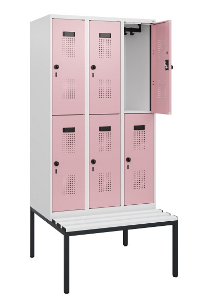 C+P Doppelstöckiger Spind Evolo PLUS, Bank, 6 Fächer, 1950x900x815mm, 9016/3015, Drehriegel, Sitzfläche Kunststoff, Sitzbank, 0493505-30 S10116