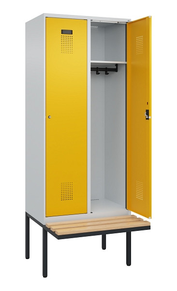 C+P Spind Evolo PLUS, 2 Abteile, 2120x800x815mm, 7035/1004, Haken 4, Zylinderschloss, Sitzfläche Holz, 0490407-22 S10027