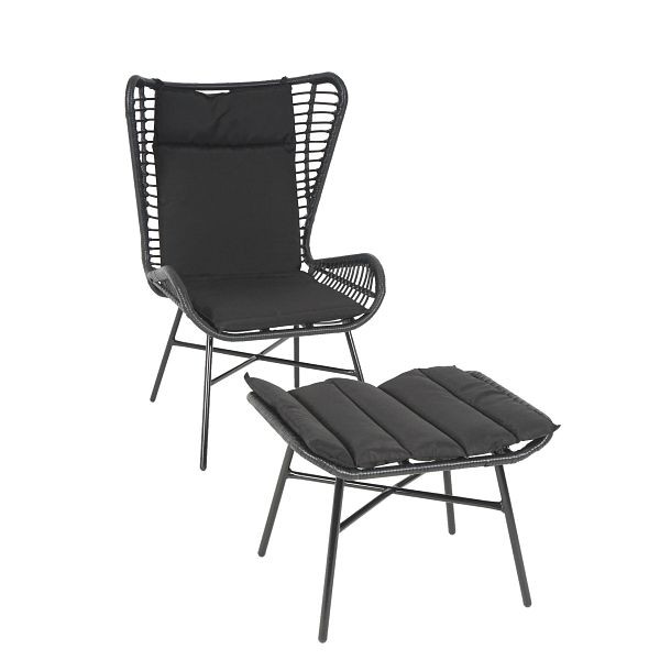 Mendler Poly-Rattan Set HWC-G17b, Balkon-Set Gartengarnitur Sitzgruppe Stuhl+Hocker Sessel, Seil, anthrazit, Kissen anthrazit, 76318