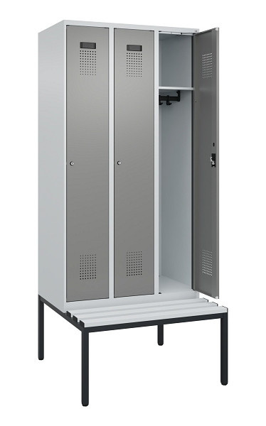 C+P Spind Evolo PLUS, 3 Abteile, 2120x900x815mm, 7035/0004, Haken 3, Zylinderschloss, Sitzfläche Kunststoff, Sitzbank, 0490507-30 S10095