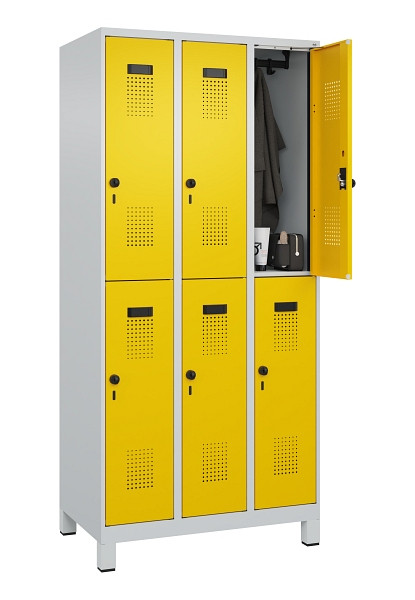 C+P Doppelstöckiger Spind Evolo PLUS, mit Füßen, 6 Fächer, 1950x900x500mm, 7035, Frontfarbe RAL 1023 Verkehrsgelb, Drehriegel, 049310-30 S10001