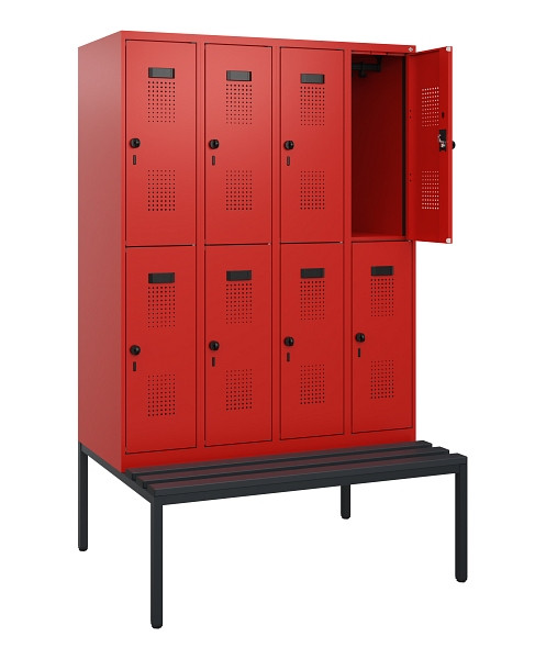 C+P Doppelstöckiger Spind Evolo PLUS, Bank, 8 Fächer, 1950x1200x815mm, 3020/3020, Drehriegel, Sitzfläche Kunststoff, Sitzbank, 0493505-40 S10131