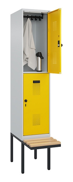 C+P Doppelstock-Spind Evolo PLUS, Bank, 2 Fächer, 2120x400x815mm, 7035/1023, Drehriegel, Sitzfläche Buche-Hartholz, 0493407-12 S10001