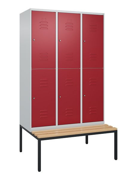 C+P Doppelstöckiger Spind Classic PLUS, 3 Abteile, 2120x1200x815mm, 7035/3003, Zylinderschlösser, Buche-Sitzleisten, Sitzbank, 0803507-32 S10091