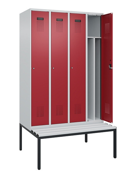 C+P Spind Evolo PLUS, 4 Abteile, 2120x1200x815mm, 7035/3003, Haken 4, Zylinderschloss, Sitzfläche Kunststoff, Sitzbank, 0490507-40F S10085