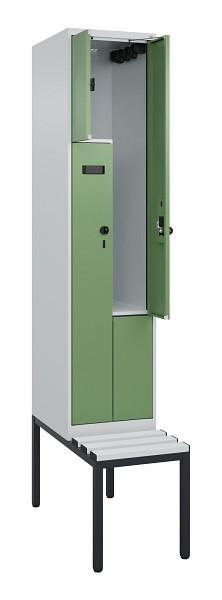 C+P Z-Spind Evolo PLUS, Bank, 2 Fächer, 2120x400x815mm, 7035/6011, Drehriegel, Sitzfläche Kunststoff, Sitzbank, 0490537-122 S10064