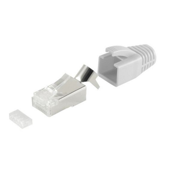 S-Conn Netzwerk Modular Stecker RJ45 SET für Verlegekabel bis AWG 23, Stecker mit Zugentlastung, Einführhilfe und Tülle, grau VE: 50 Stück, 72067-50GR