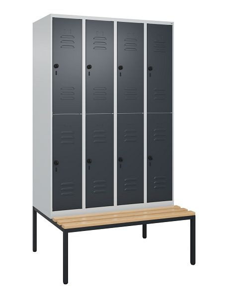C+P Doppelstöckiger Spind Classic PLUS, 4 Abteile, 2120x1200x815mm, 7035/7016, Drehriegel, Buche-Sitzleisten, mit untergebauter Sitzbank, 0803507-40 S10008