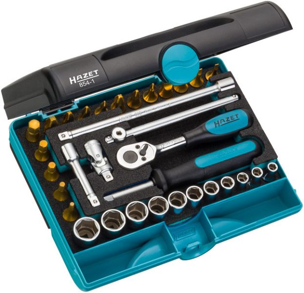 Hazet Steckschlüssel Satz, Vierkant hohl 6,3 mm, Außen-Sechskant-Tractionsprofil, Innen-Sechskant Profil, Kreuzschlitz Profil, Anzahl Werkzeuge: 33, 854-1