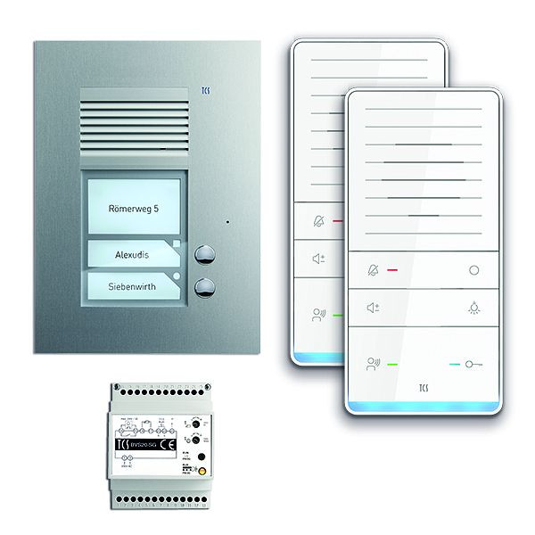 TCS Türkontrollsystem audio:pack UP für 2 Wohneinheiten, mit Außenstation PUK 2 Klingeltasten, 2x Freisprecher ISW5031, Steuergerät BVS20, PAUF021/001