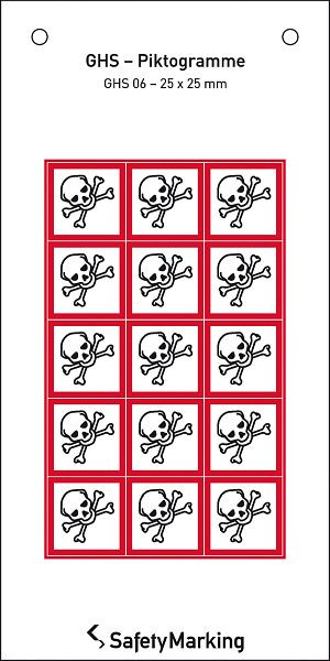 SafetyMarking GHS-Gefahrenpiktogramm, Symbol 06: Totenkopf, BxH 2,5x2,5 cm, Folie, selbstklebend, VE: 15 Stück/Bogen, 30.3551-06