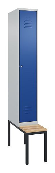 C+P Umkleidespind Classic PLUS mit Mitteltrennwand, Bank, 2120x300x815mm, 7035/5010, Zylinderschloss, Buche-Sitzleisten, 0800507-10F S10047