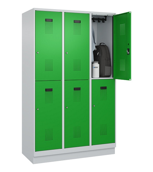 C+P Doppelstöckiger Spind Evolo PLUS, mit Sockel, 6 Fächer, 1950x1200x500mm, 703, Frontfarbe RAL 6037 Reingrün, Zylinderschloss, 049320-32 S10038