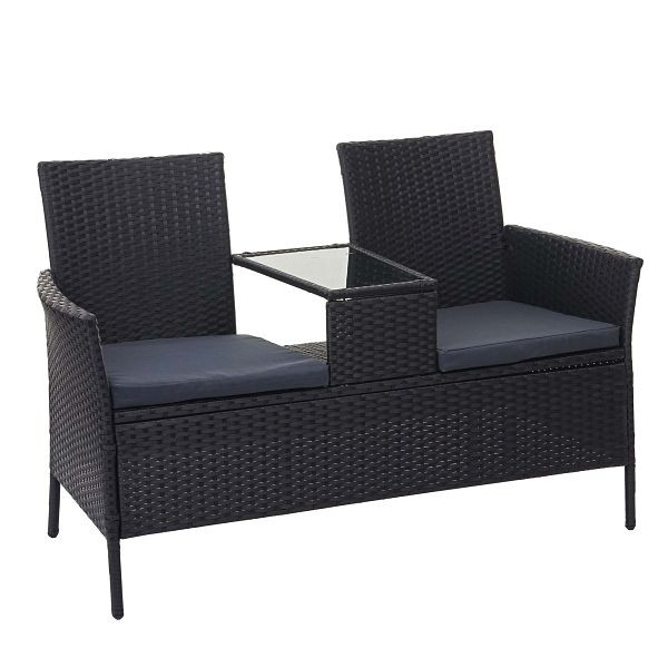 Mendler Poly-Rattan Sitzbank mit Tisch HWC-E24, Gartenbank Sitzgruppe Gartensofa, 132cm, schwarz, Kissen dunkelgrau, 65244