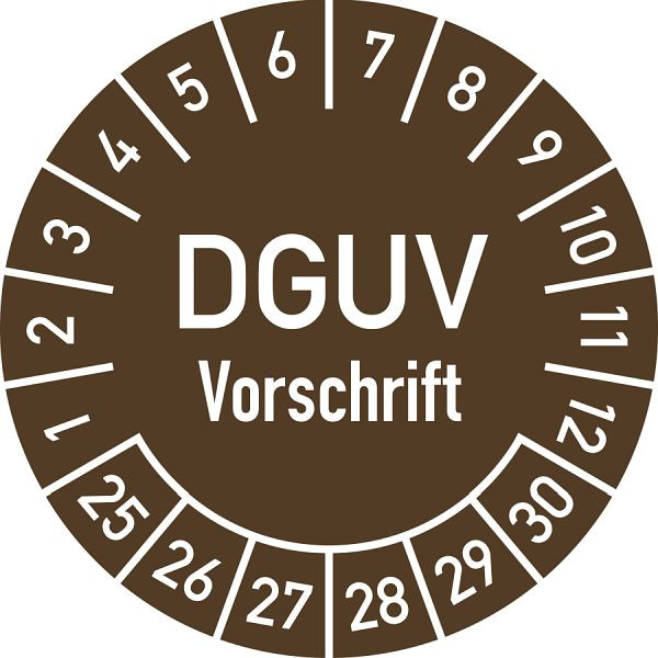 Moedel Prüfplakette DGUV Vorschrift, 2025-2030, Dokumentenfolie, Ø 25 mm, VE: 10 Stück/Bogen, 106317