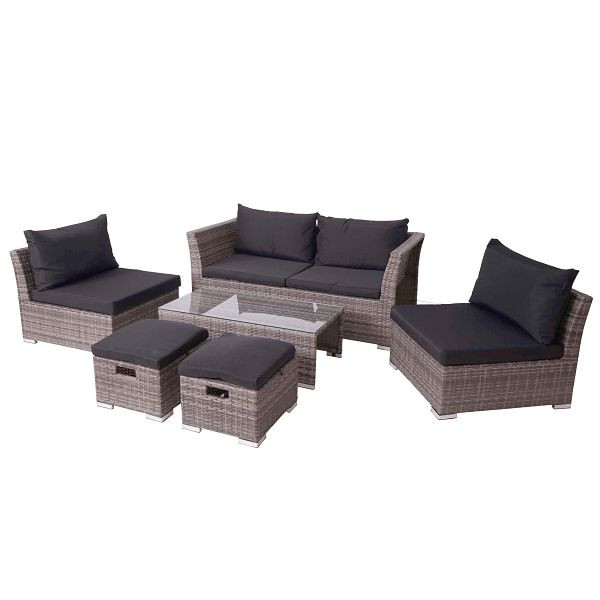 Mendler Poly-Rattan Garnitur HWC-J36, Balkon-/Garten-/Lounge-Set Sitzgruppe Sofa, grau, Kissen schwarz, 77255