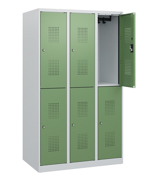 C+P Doppelstöckiger Spind Evolo PLUS, 6 Fächer, 1530x900x500mm, 7035/6011, Zylinderschloss, 0493005-30 S10036
