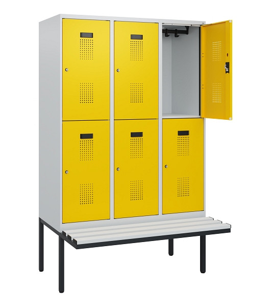 C+P Doppelstock-Spind Evolo PLUS, Bank, 6 Fächer, 1950x1200x815mm, 7035/1023, Zylinderschloss, Sitzfläche Kunststoff, 0493405-32 S10136