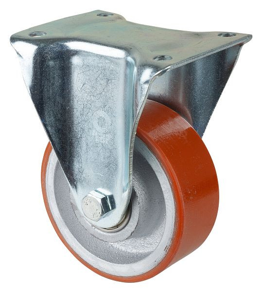 BS Rollen Schwerlastrolle, Bockrolle, Rad-Breite 50 mm, Rad-Ø 125 mm, Tragfähigkeit 550 kg, Guss-Polyurethan 95 Shore A, Guss, Kugellager, N110.C10.129
