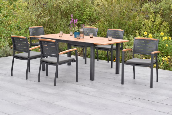 Merxx Tinos Set 13-teilig, 6 Tinos Stapelsessel, 6 Kissen, grau, mit Befestigungsbändchen, 1 Ausziehtisch 150 (200) x 90 cm, 50814-800