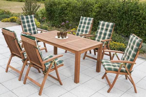 Merxx Comodoro Set 13-teilig, 6 Comodoro Klappsessel, 6 Wendekissen grün kariert/ uni, 1 Tisch, 170 x 90 cm, FSC Eukalyptusholz, 50013-100