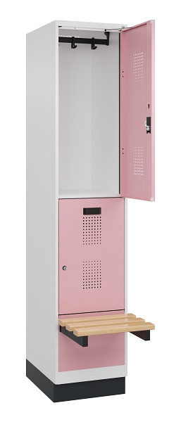 C+P Doppelstock-Spind Evolo PLUS, Bank, 2 Fächer, 1950x400x815mm, 9016/3015, Zylinderschloss, Sitzfläche Buche-Hartholz, mit Sockel, 049340-12 S10045
