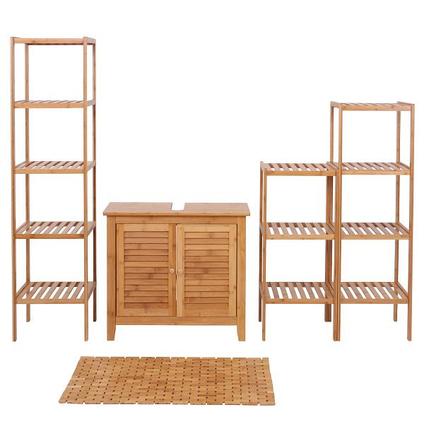 Mendler Badezimmerset HWC-B18, Komplett Badezimmer Badmöbel Badset Badschrank, Bambus, 57560+57557+57552+57551+57550