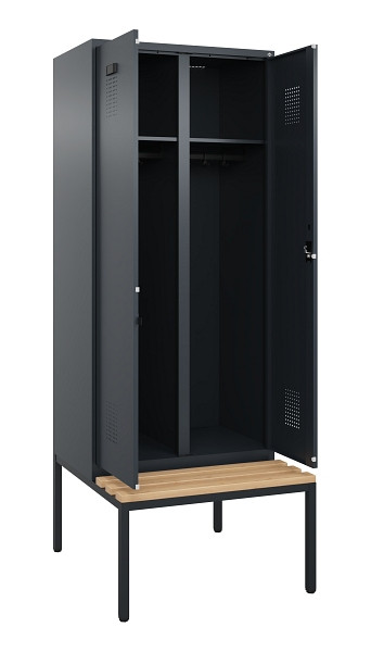 C+P Schwarz-Weiß-Spind Evolo PLUS, Bank, 2 Abteile, 2120x800x815mm, 7016/7016, Zylinderschloss, Sitzfläche Buche-Hartholz, Sitzbank, 0490527-22 S10043