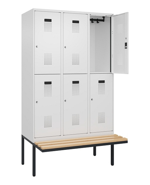 C+P Doppelstock-Spind Evolo PLUS, Bank, 6 Fächer, 2120x1200x815mm, 9016/9016, Zylinderschloss, Sitzfläche Buche-Hartholz, 0493407-32 S10047