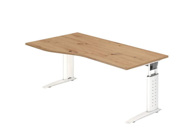 Hammerbacher Schreibtisch US18, 180 x 100/80cm, Platte: Asteiche, 25 mm dick, C-Fuß-Gestell in Weiß, Arbeitshöhe 68-86 cm, VUS18/R/W