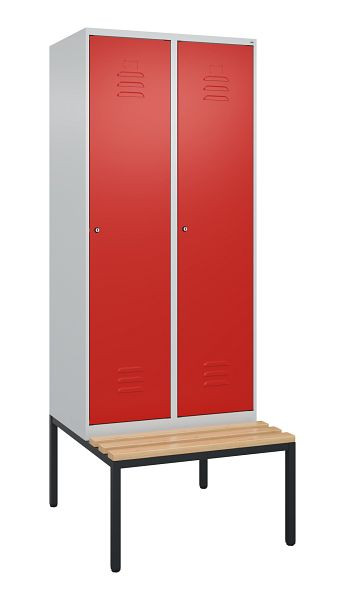 C+P Umkleidespind Classic PLUS, mit untergebauter Sitzbank, 2 Abteile, 2120x800x815mm, 7035/3020, Zylinderschlösser, Buche-Sitzleisten, 0800507-22 S10110