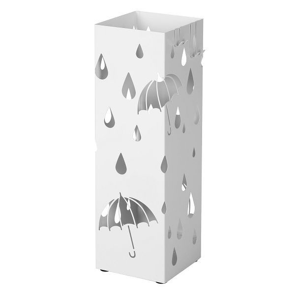 SONGMICS Metall-Schirmhalter, quadratischer Schirmhalter mit Tropfschale und 4 Haken, 15,5 x 15,5 x 49 cm, weißer, LUC49W