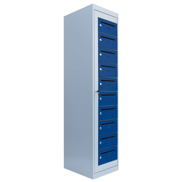 Lüllmann Postverteilerschrank, 10 Fächer, 1800 x 400 x 500 mm, lichtgrau/enzianblau, 526411