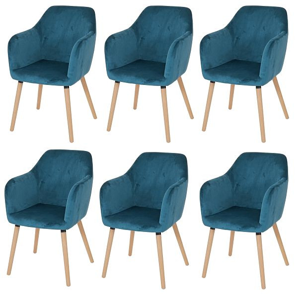 Mendler 6er-Set Esszimmerstuhl Malmö T381, Stuhl Küchenstuhl, Retro 50er Jahre Design, Samt, petrol, helle Beine, 61200+61200+61200+61200+61200+61200