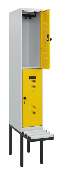 C+P Doppelstock-Spind Evolo PLUS, Bank, 2 Fächer, 1950x300x815mm, 7035/1023, Drehriegel, Sitzfläche Kunststoff, 0493405-10 S10083